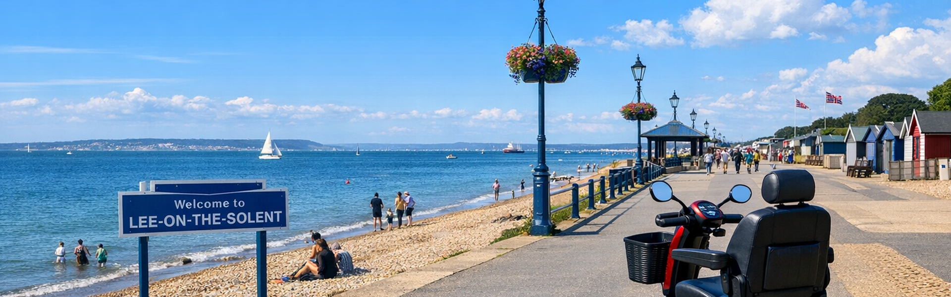 Beachfront promenade at Lee-on-the-Solent, with a mobility scooter, blue sky, seagulls, and people enjoying the pebble beach and sea.