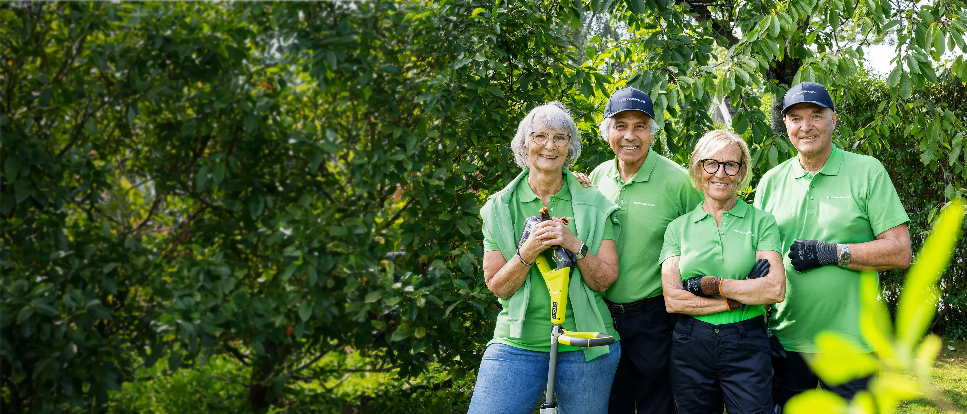 Fyra glada trädgårdsveteraner i en trädgård