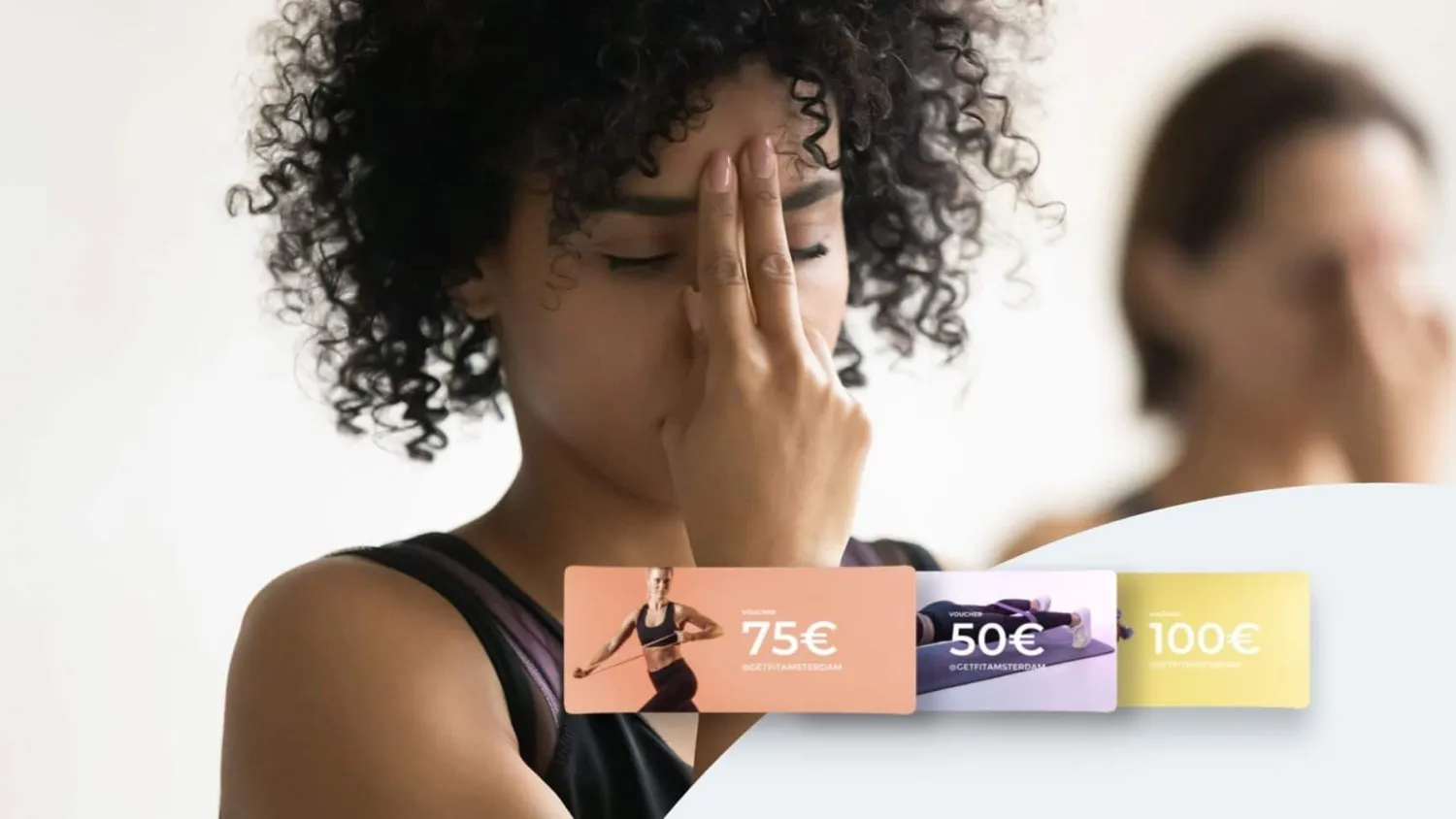 3 vouchers in different colors and amounts and a woman practicing yoga