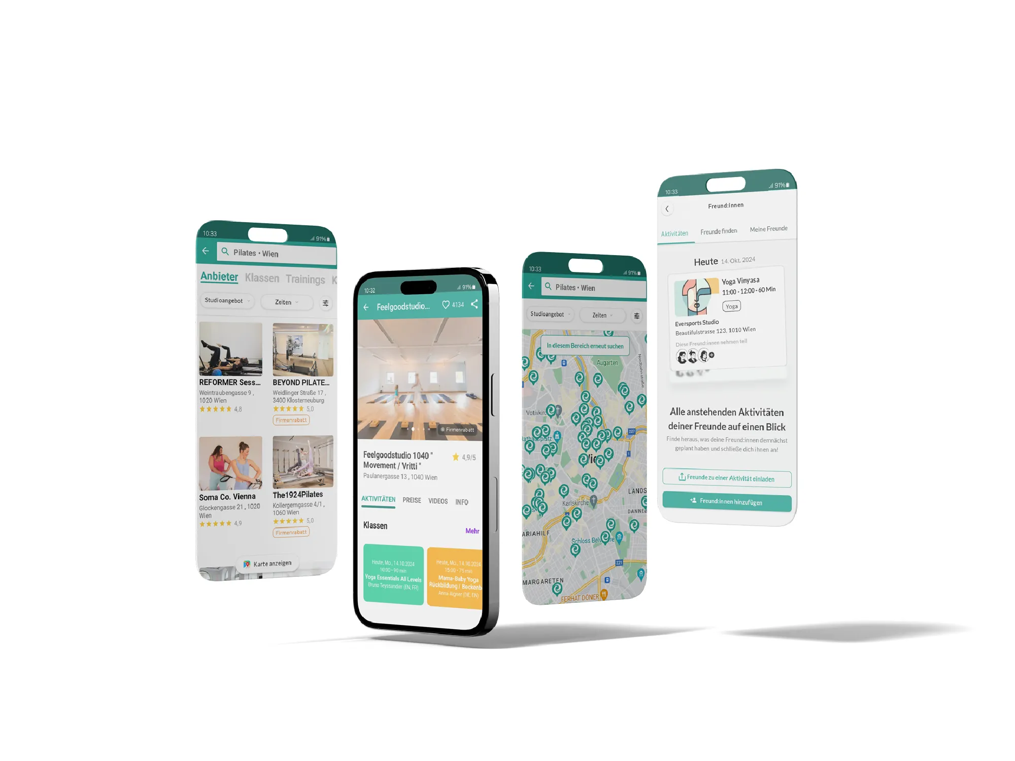 Mockup der Eversports App, das zeigt, wie man gemeinsam mit Freunden eine Sportstunde bucht.