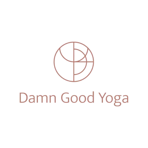 logo of damn good yoga in dark brick red with their circled symbol