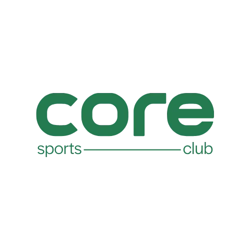logo of core sports club in bright green letters with a green line