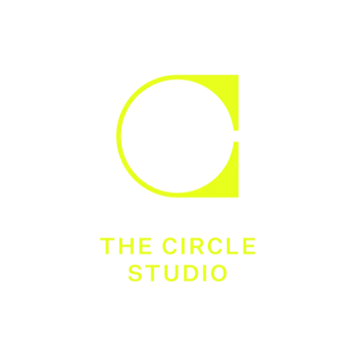 Yellow circle logo with a cut-out section on a black background, featuring the text "The Circle Studio" below it in yellow.