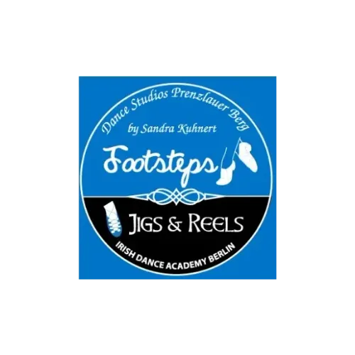 logo of footsteps dance studio by sandra kuhnert in white letters on a blue background