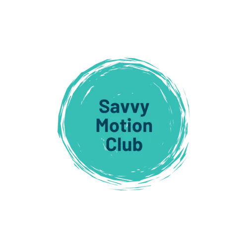 Teal circle with a textured edge, containing the text "Savvy Motion Club" in dark blue, centered on a white background.