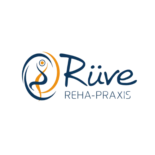 Logo with stylized person in a circle and text "Rüve Reha-Praxis" in blue and yellow.
