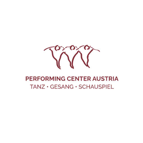 Logo of Performing Center Austria featuring three stylized red figures above the text "Performing Center Austria Tanz Gesang Schauspiel."