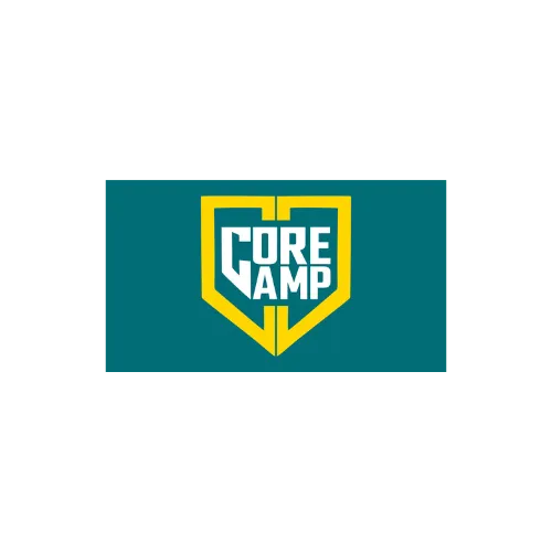Logo with the text "CORE CAMP" in white, set within a yellow shield on a teal background.