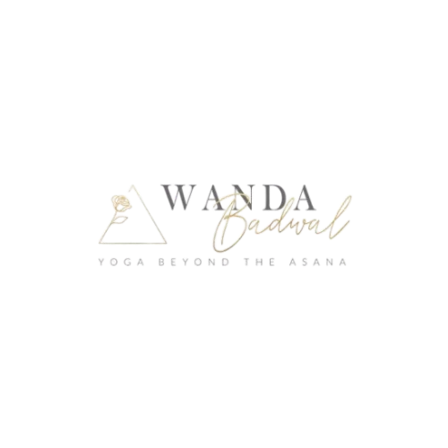 logo of wanda badwal in black and gold with the slogan yoga beyond the asanas and a rose and triangle in gold