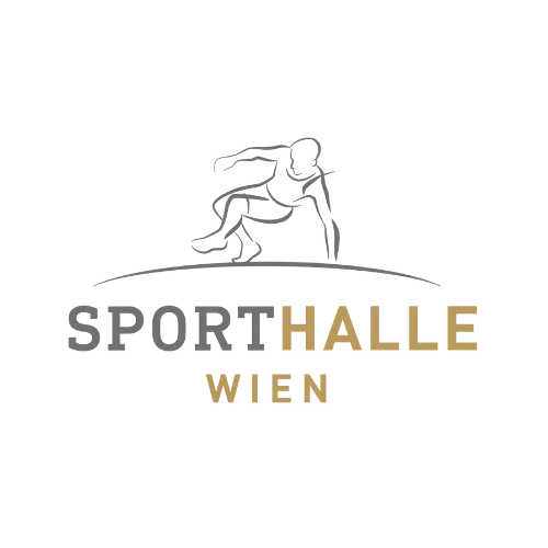 logo of sporthalle wien with a graphic of a person doing sports in grey
