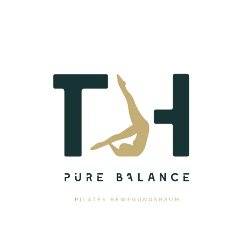 logo of pure balance in black with a graphic of a person in gold with the slogan pilates bewegungsraum