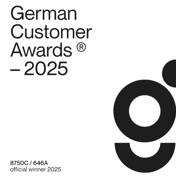 Official Winner of the German Customer Care Awards 2025 Logo for the German Customer Awards 2025, featuring stylized "g" and text indicating the official winner for 2025.