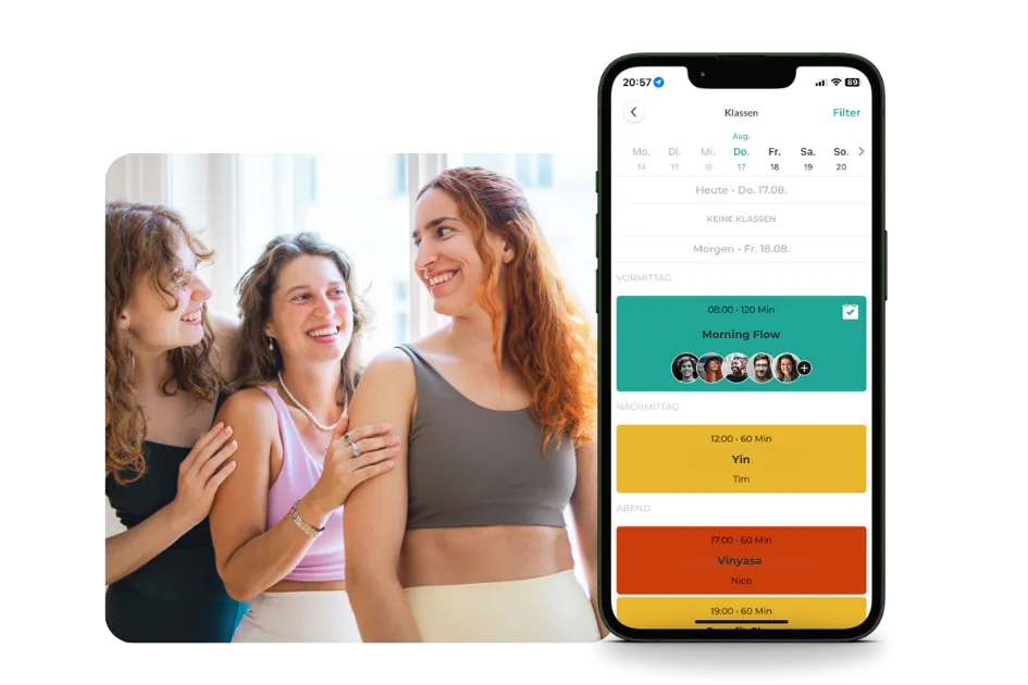 Mockup der Eversports App mit Kalenderansicht und lachenden Menschen im Hintergrund – zeigt, wie Studios und Anlagen gemeinsames Training mit Freunden ermöglichen.