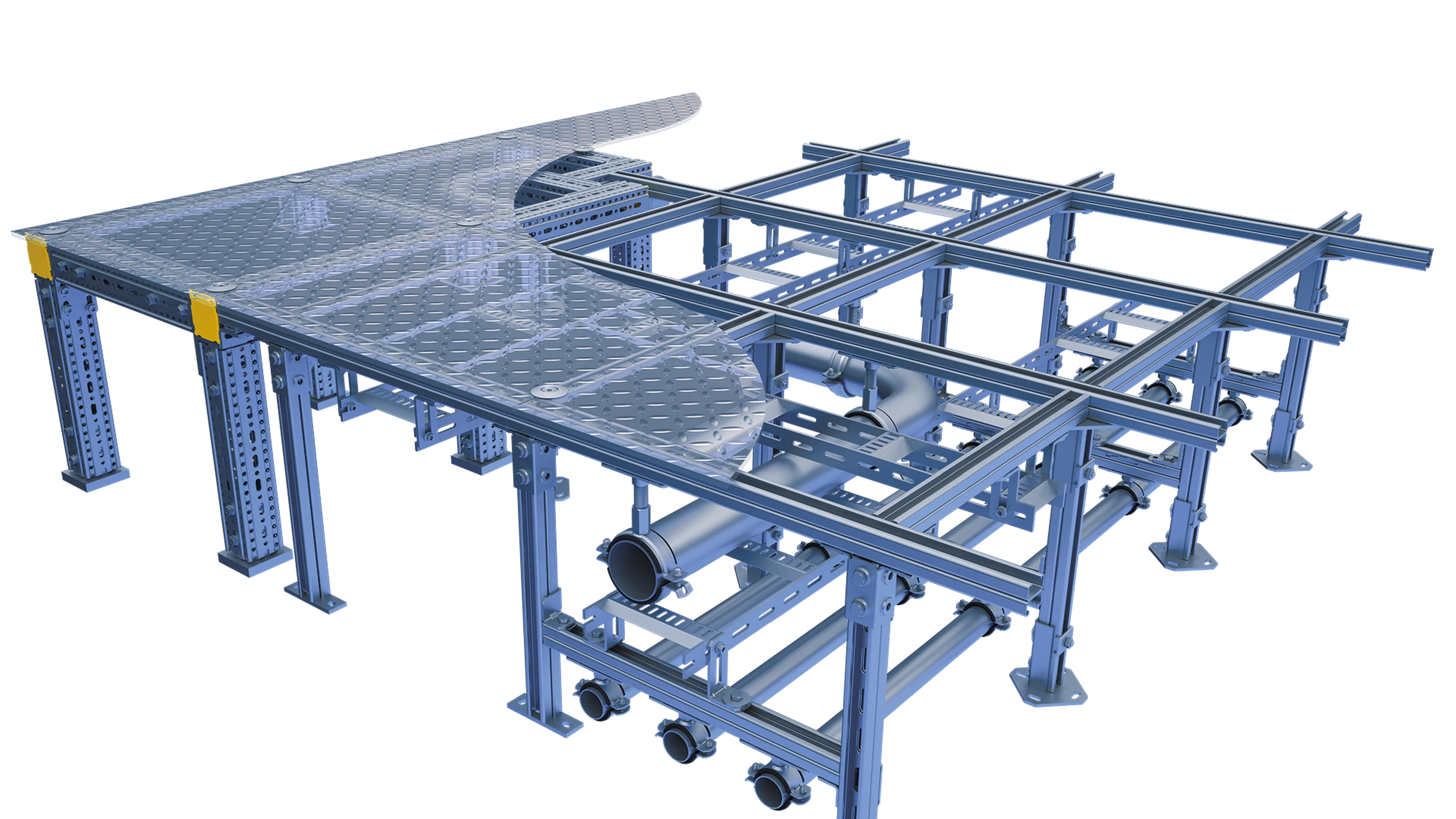A complex industrial metal structure with platforms, beams, and tubing, featuring a curved section and yellow safety markings.