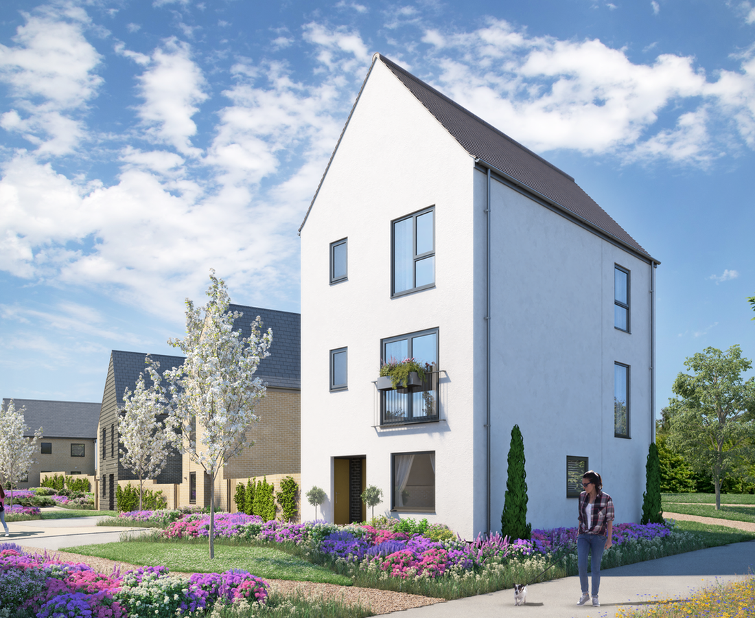 CGI of white three story detached home with a person walking a small dog.