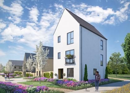 CGI of white three story detached home with a person walking a small dog.