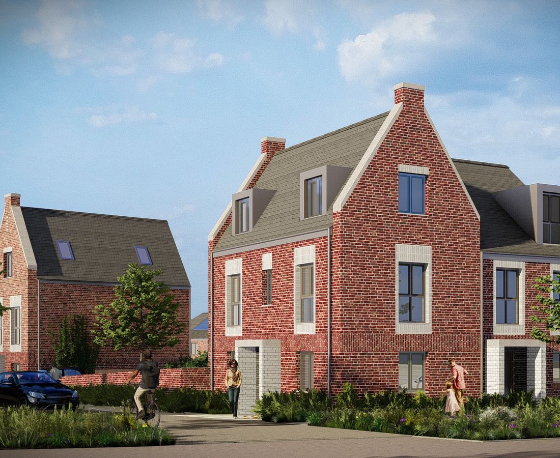 CGI of a brick 3 story house with people walking around outside