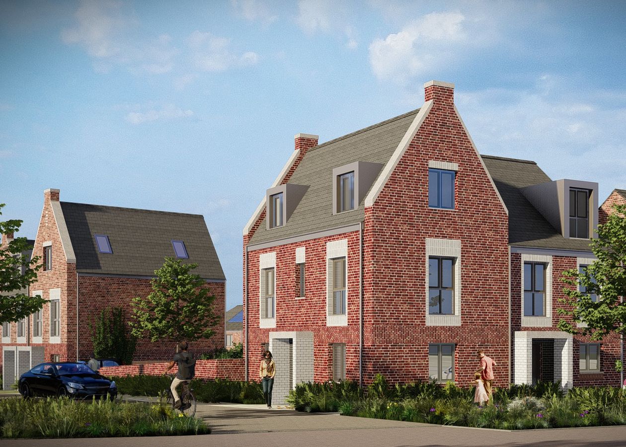 CGI of a brick 3 story house with people walking around outside