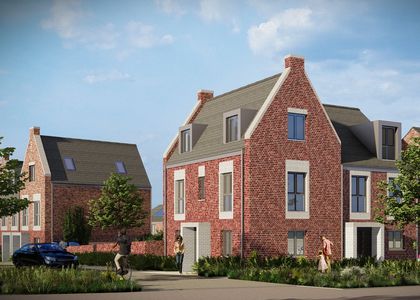 CGI of a brick 3 story house with people walking around outside