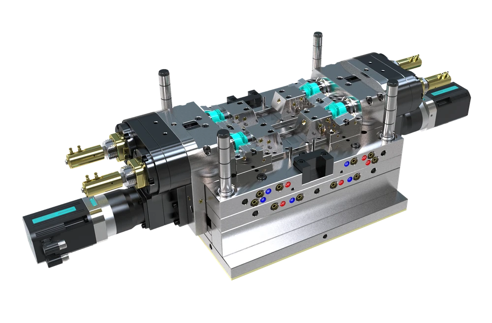 A complex moulding tool with metal components, servo-electric unscrewing units, and various connectors on a black background.