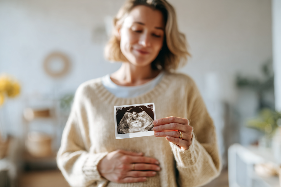 Frau hält Ultraschallbild von Baby