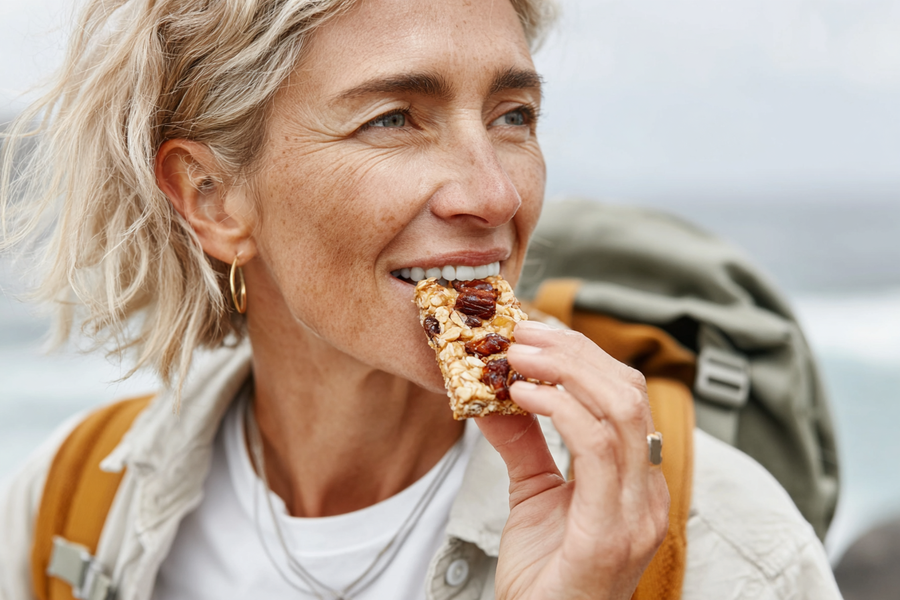 Frau snackt beim Wandern