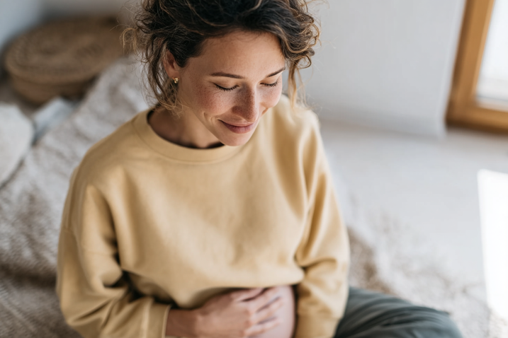 Pregnant woman sitting and smiling softly, gently cradling her belly.