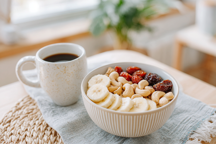 Bowl mit Banane, Cashews und Trockenfrüchten