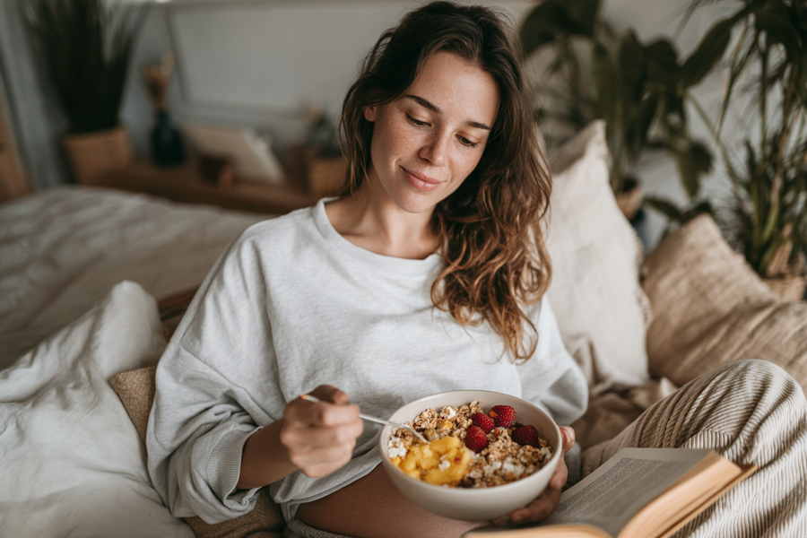 Schwangere Frau isst bunte Bowl
