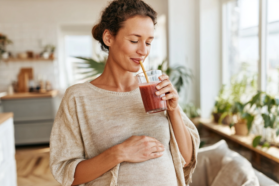 Schwangere Frau trinkt Beeren-Smoothie