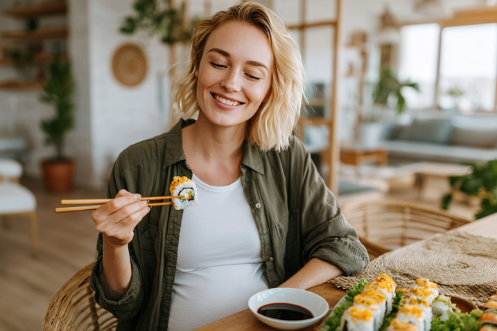 Schwangere Frau isst Sushi