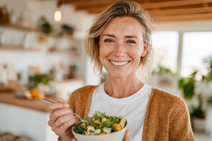 Frau isst gesundes Mittagessen