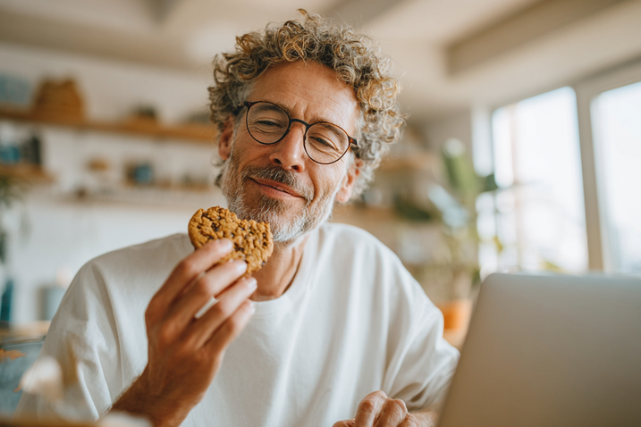 Mann isst Cookie