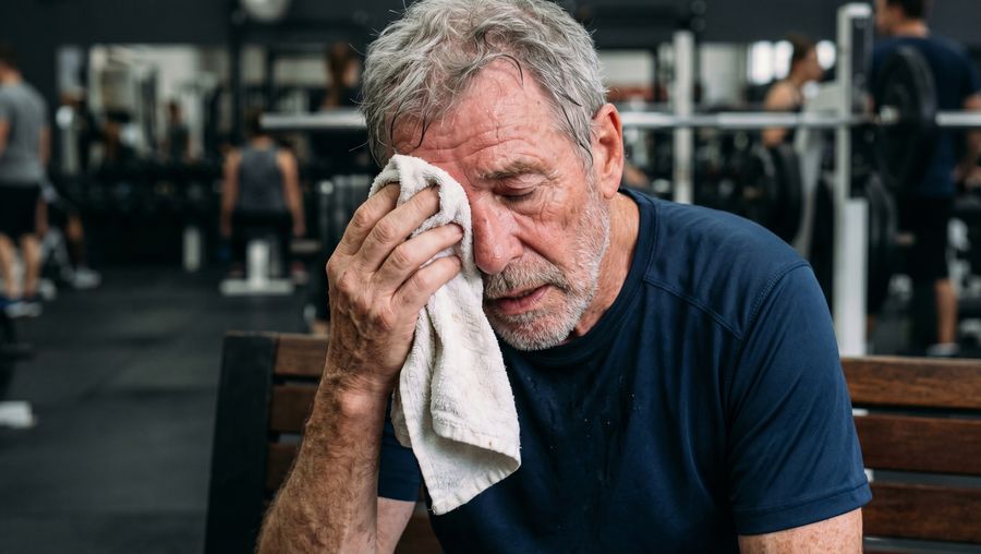 Ein verschwitzter älterer Mann mit grauem Haar sitzt auf einer Bank im Fitnessstudio und wischt sich mit einem Handtuch Schweiß vom Gesicht.