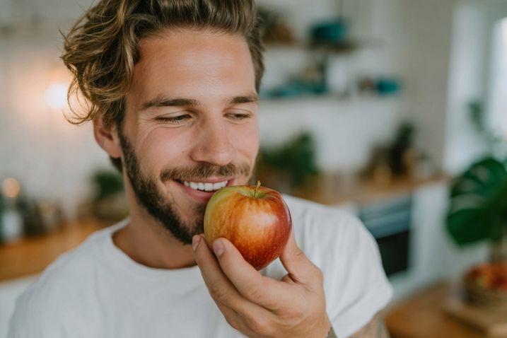 Mann isst Apfel