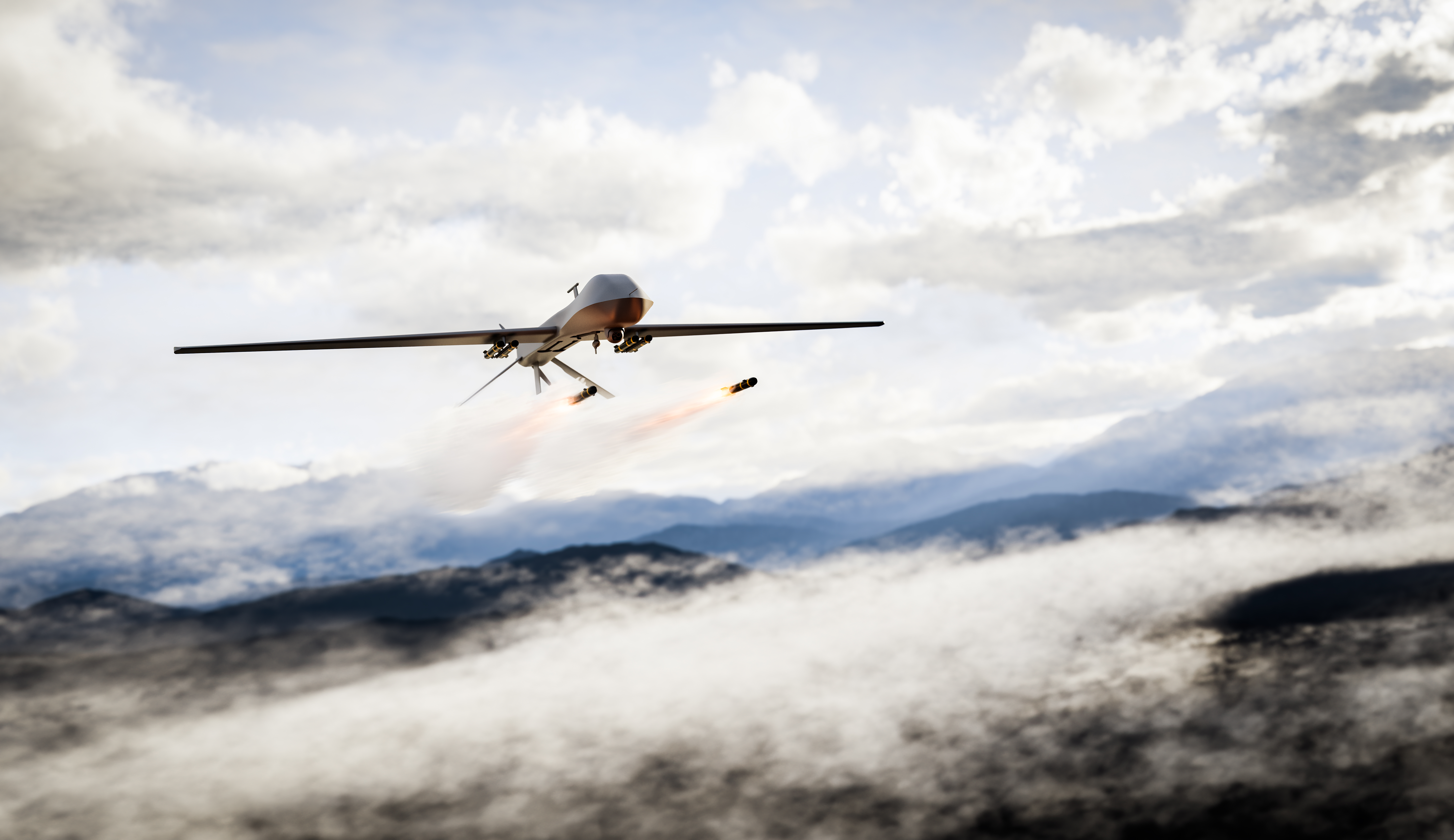Military combat drone launching missiles above the clouds