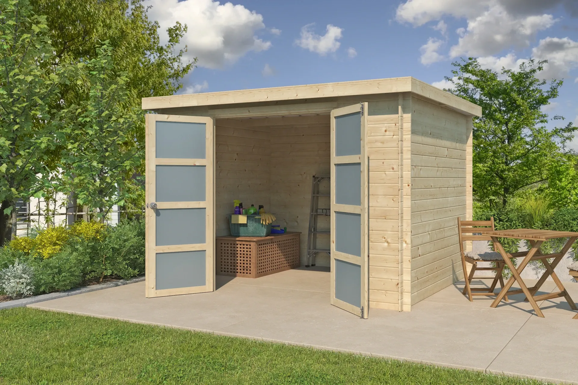 Een voorbeeld van een blokhut in de tuin