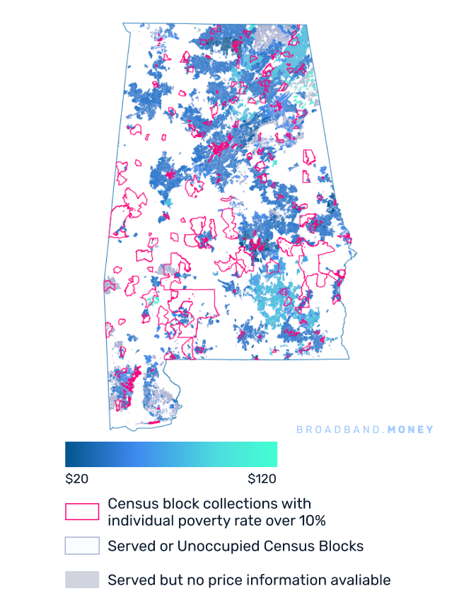 Alabama broadband investment pricing and competition map
