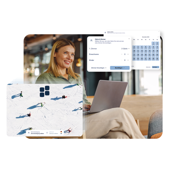 Smiling woman using a laptop, with overlay images of a booking engine, its features and calendar.