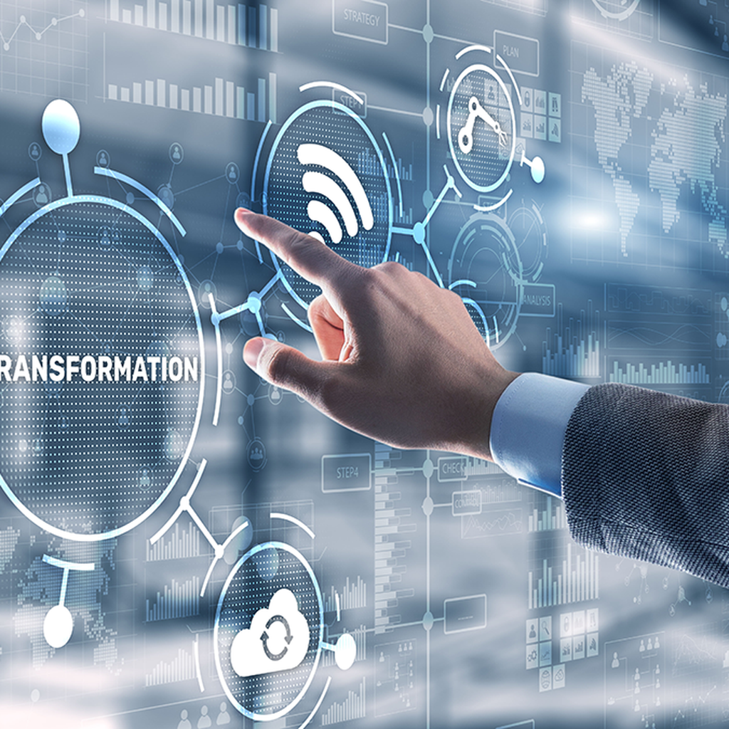 Person interacting with a digital interface featuring icons for transformation, Wi-Fi, cloud, and globe, symbolizing technological advancement.