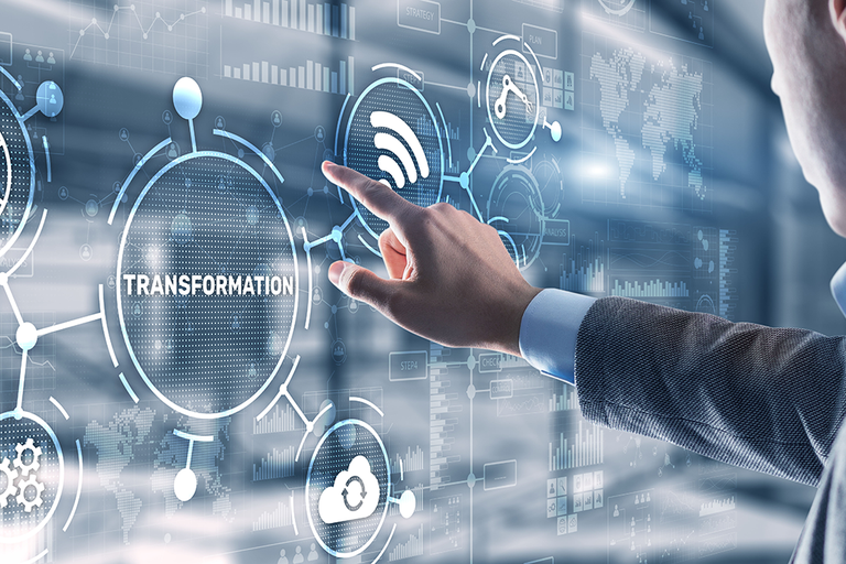 Person interacting with a digital interface featuring icons for transformation, Wi-Fi, cloud, and globe, symbolizing technological advancement.