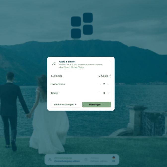A blurred background of a couple by a lake with mountains. A booking form overlay shows options for guests and rooms in German.