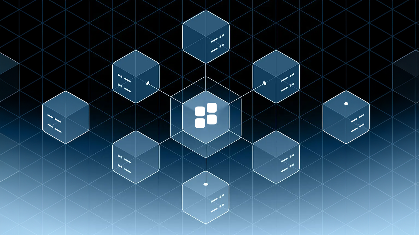 Abstract geometric design with interconnected cubes on a gradient blue background, symbolizing a network or blockchain concept.