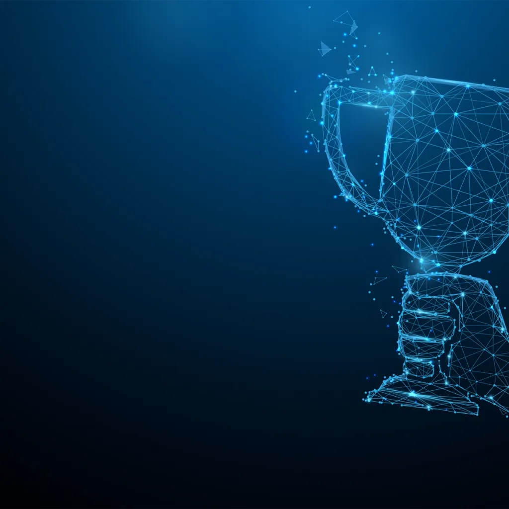 A digital wireframe hand holding a trophy made of glowing blue lines on a dark background.