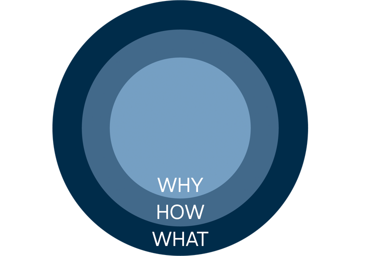 Three concentric circles labeled "WHY," "HOW," and "WHAT" from innermost to outermost, on a dark blue background.
