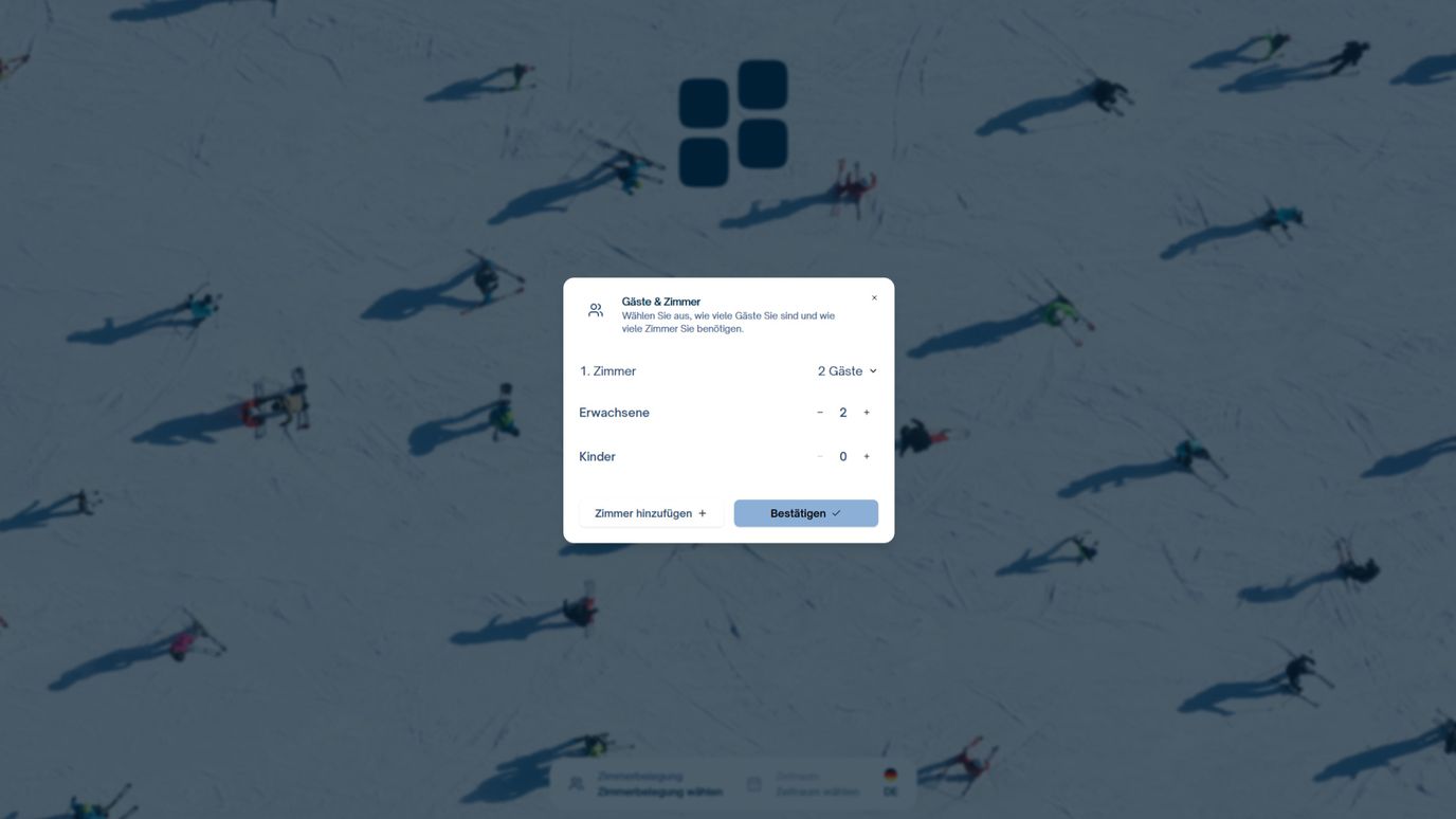 Aerial view of people skiing on a snowy slope. A pop-up window with booking options is overlaid on the image.