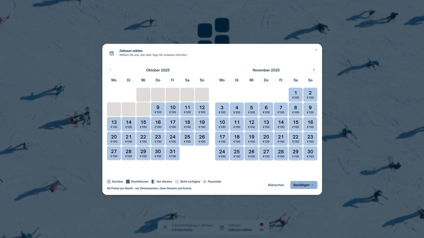 A digital calendar interface of the High Performance Booking Engine over a blurred snowy background with skiers.