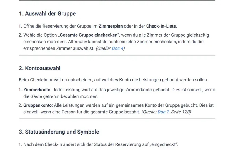 Screenshot of German instructions for group check-in at a hotel, detailing steps for group selection, account choice, and status symbols.