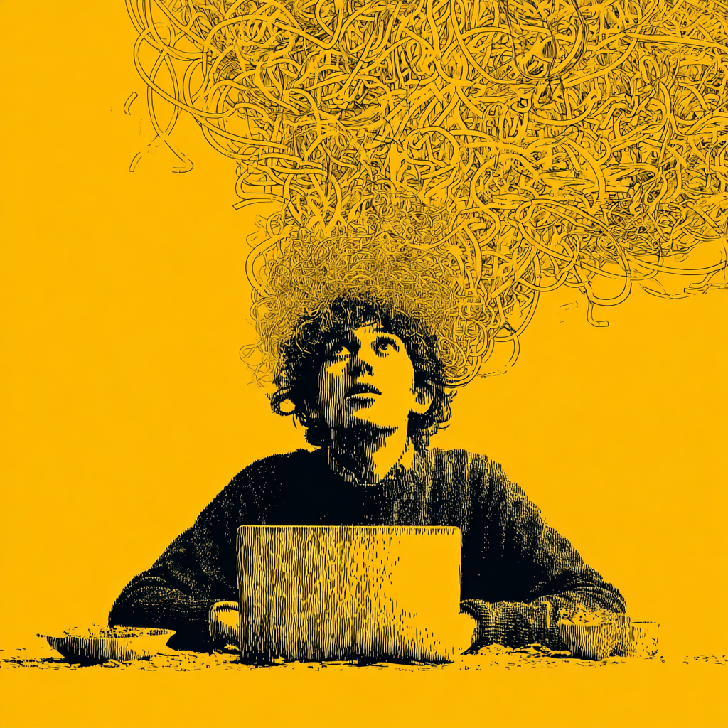 A person sits at a table with a laptop, looking up at a chaotic swirl of tangled lines above their head on a yellow background.