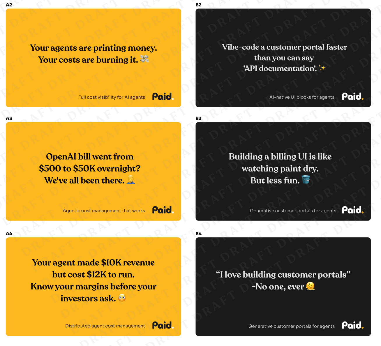 A grid of six promotional graphics with text about customer portals, cost management, and billing UI, each with the 